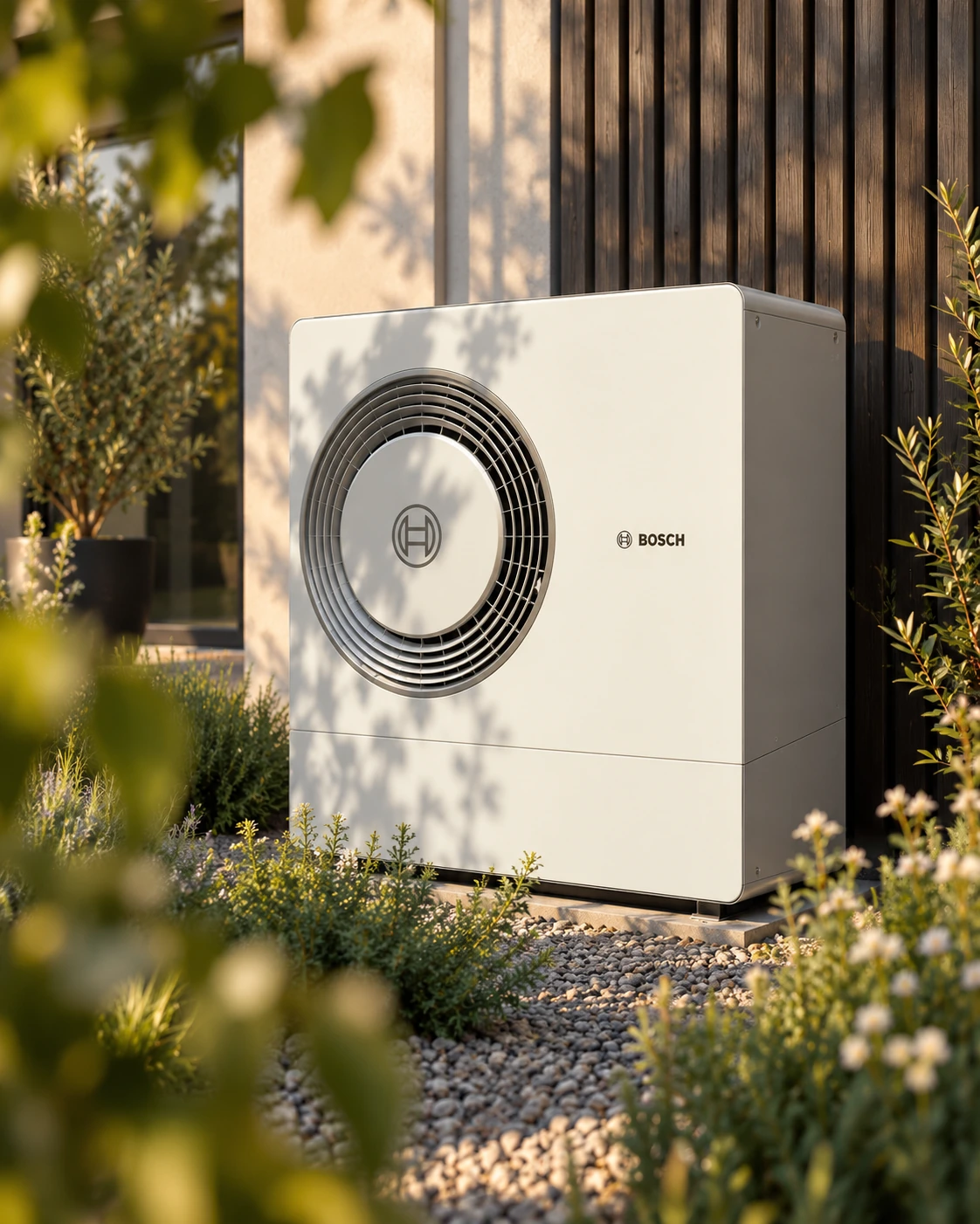Weiße Bosch-Wärmepumpen-Außeneinheit mit rundem Ventilator vor einer Holzfassade, umgeben von Gartenpflanzen im warmen Sonnenlicht.