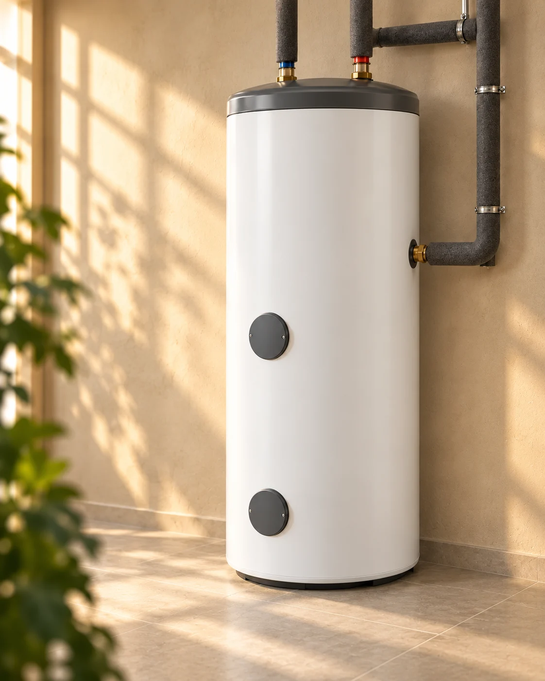 Indirekter Warmwasserspeicher im hellen Technikraum – Visualisierung