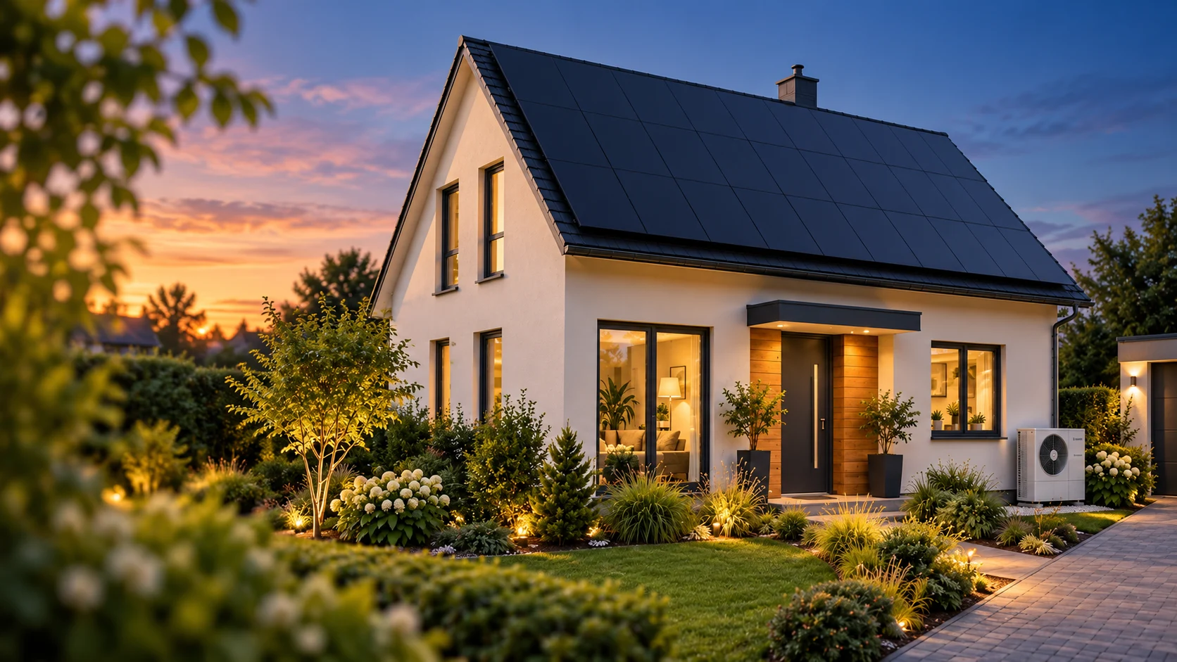 Wohnhaus mit Wärmepumpe am Abend – Visualisierung