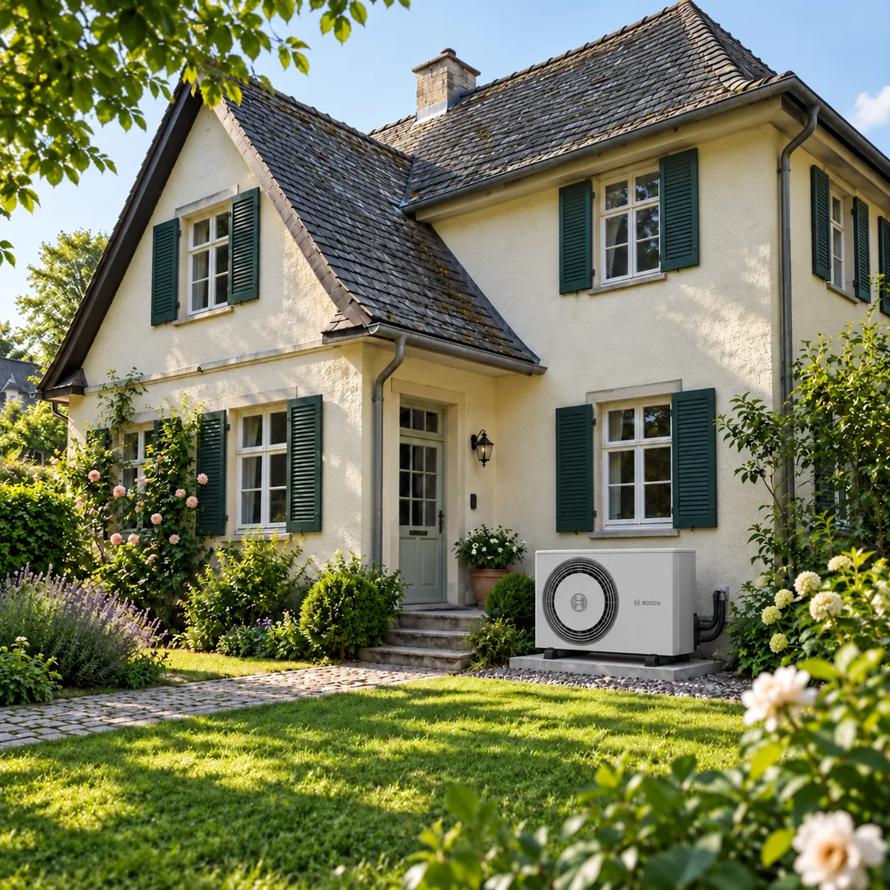 Älteres Wohnhaus mit grünen Fensterläden und Bosch-Wärmepumpe im Garten – Visualisierung