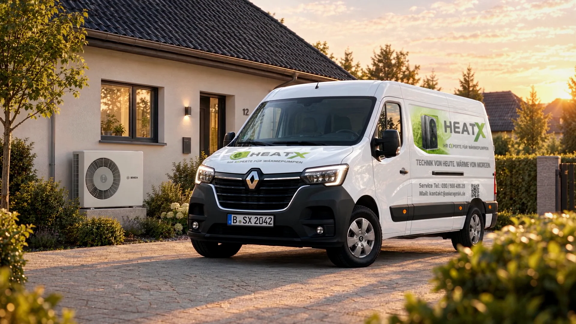 Wärmepumpe und HeatX-Servicefahrzeug an einem Wohnhaus
